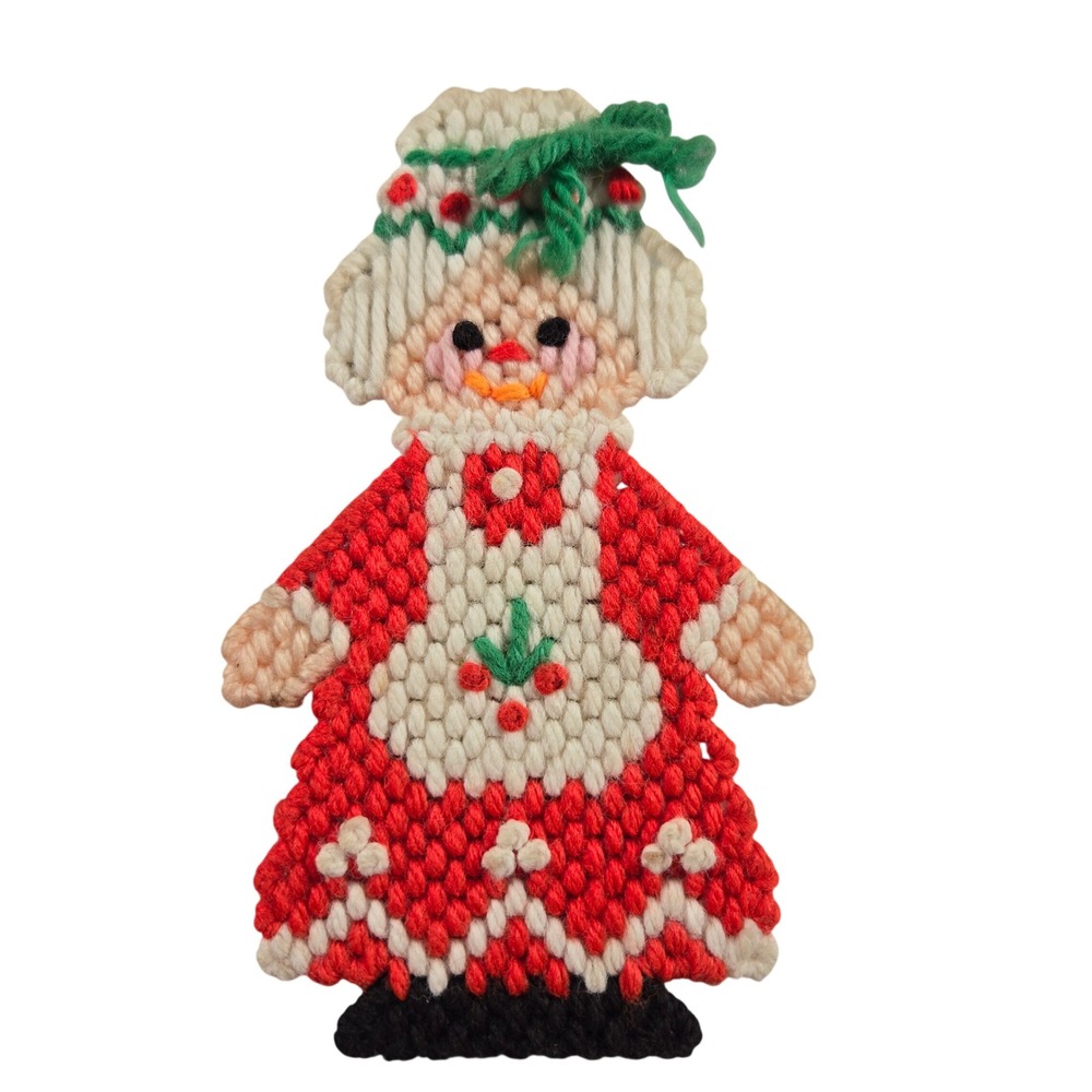 Vintage Handmade Needlepoint Mrs Claus Christmas Yarn Magnet Holiday Ornament